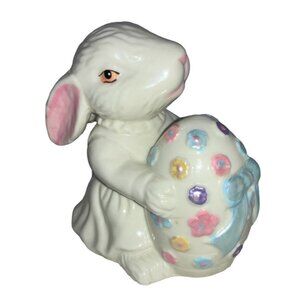 White Ceramic Girl Bunny Holding Easter Egg Decoration 5 Inch